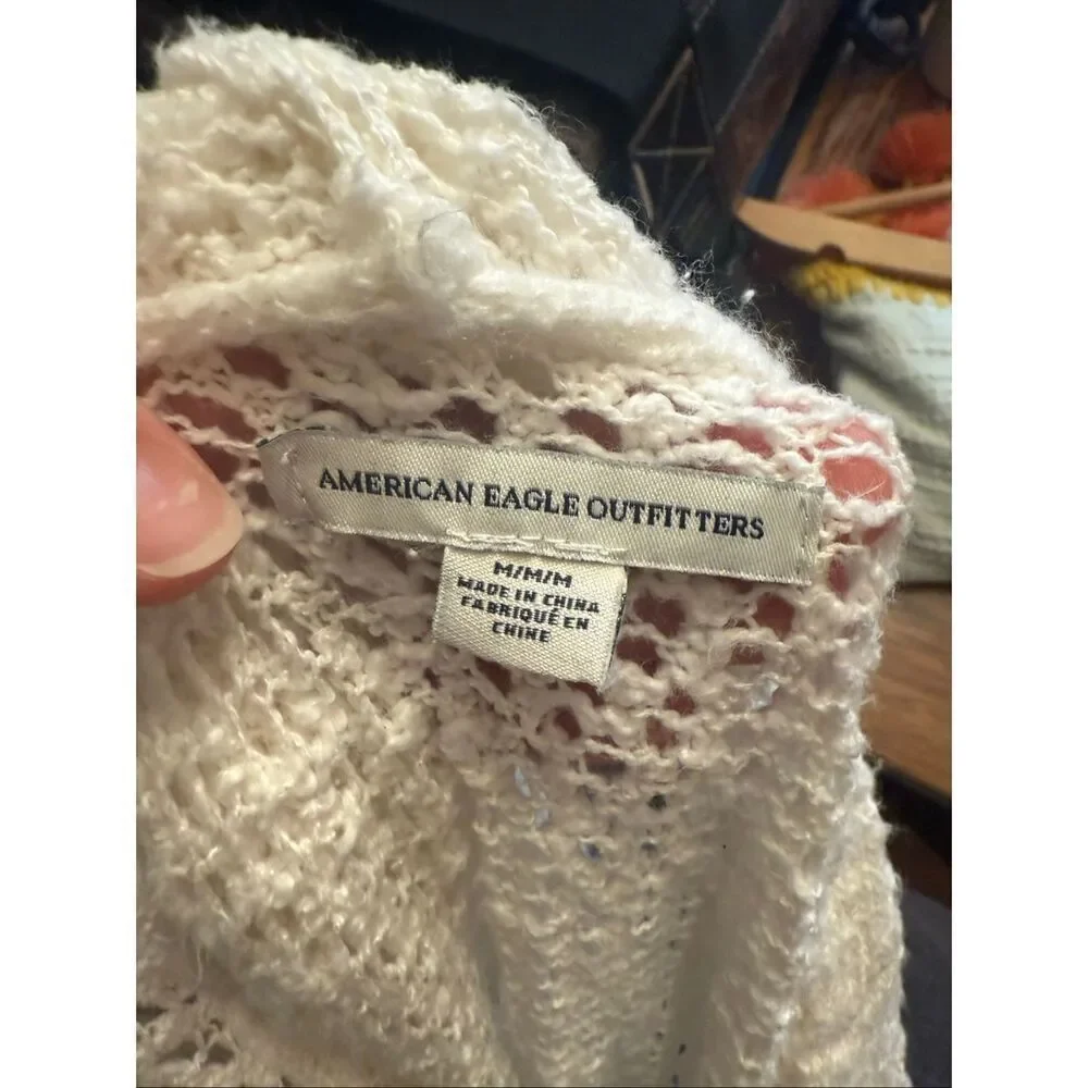 American Eagle Outfitters Off White Lace Up Mesh Pullover Hoodie Size Medium - Picture 3 of 5